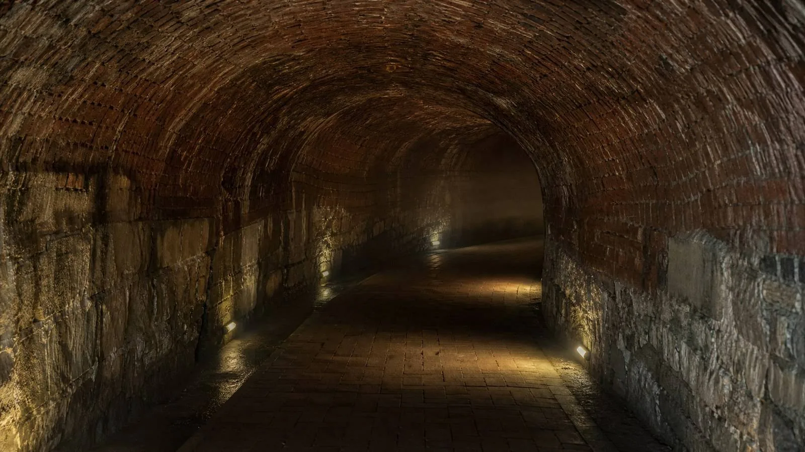 A brick-vaulted underground gallery lit low along the floor