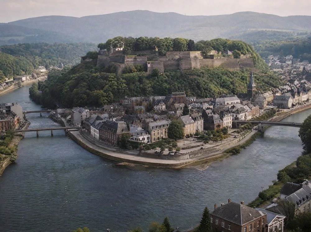 Two rivers meeting below a fortified hill